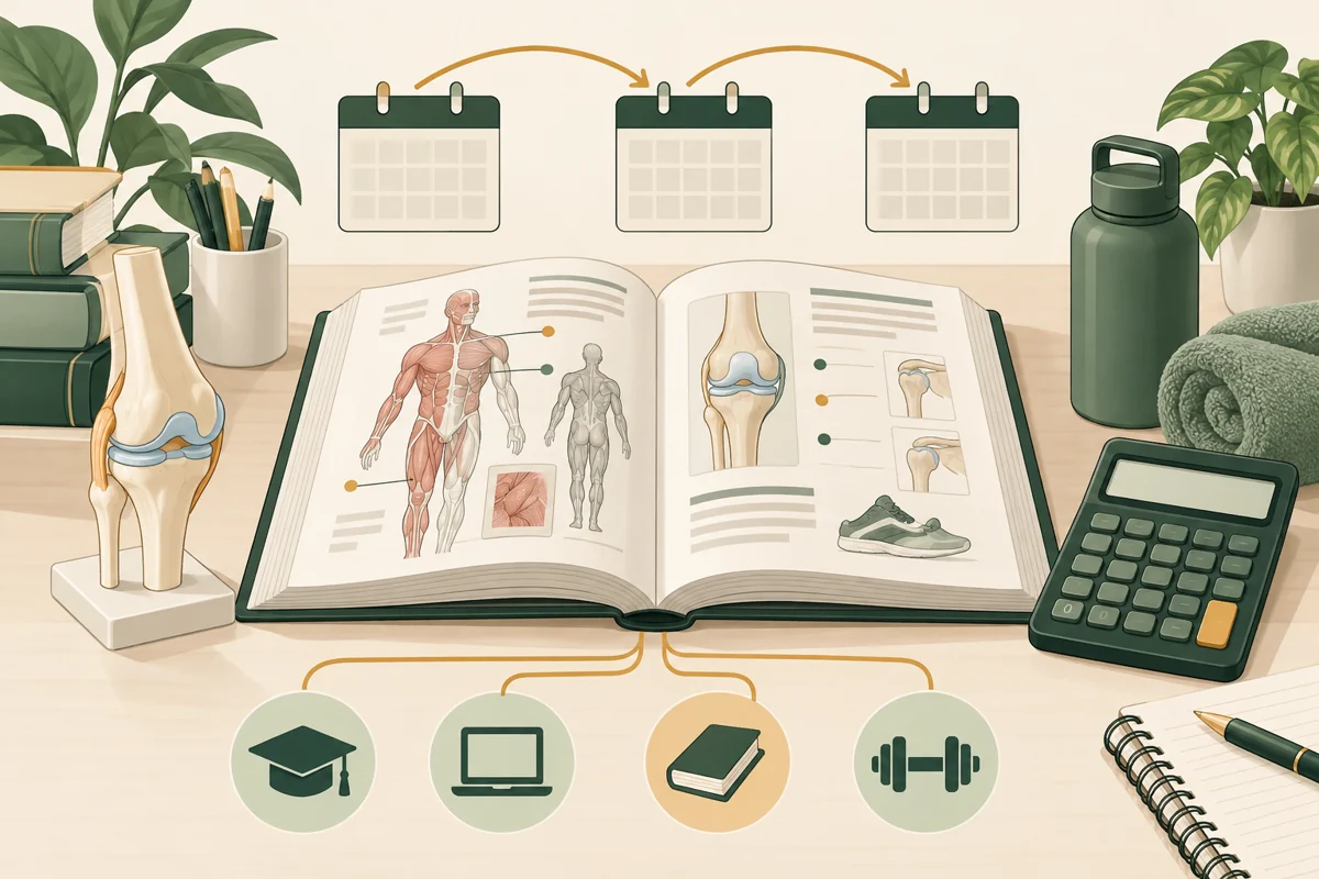 Exercise science study materials and a calculator illustrating certification costs