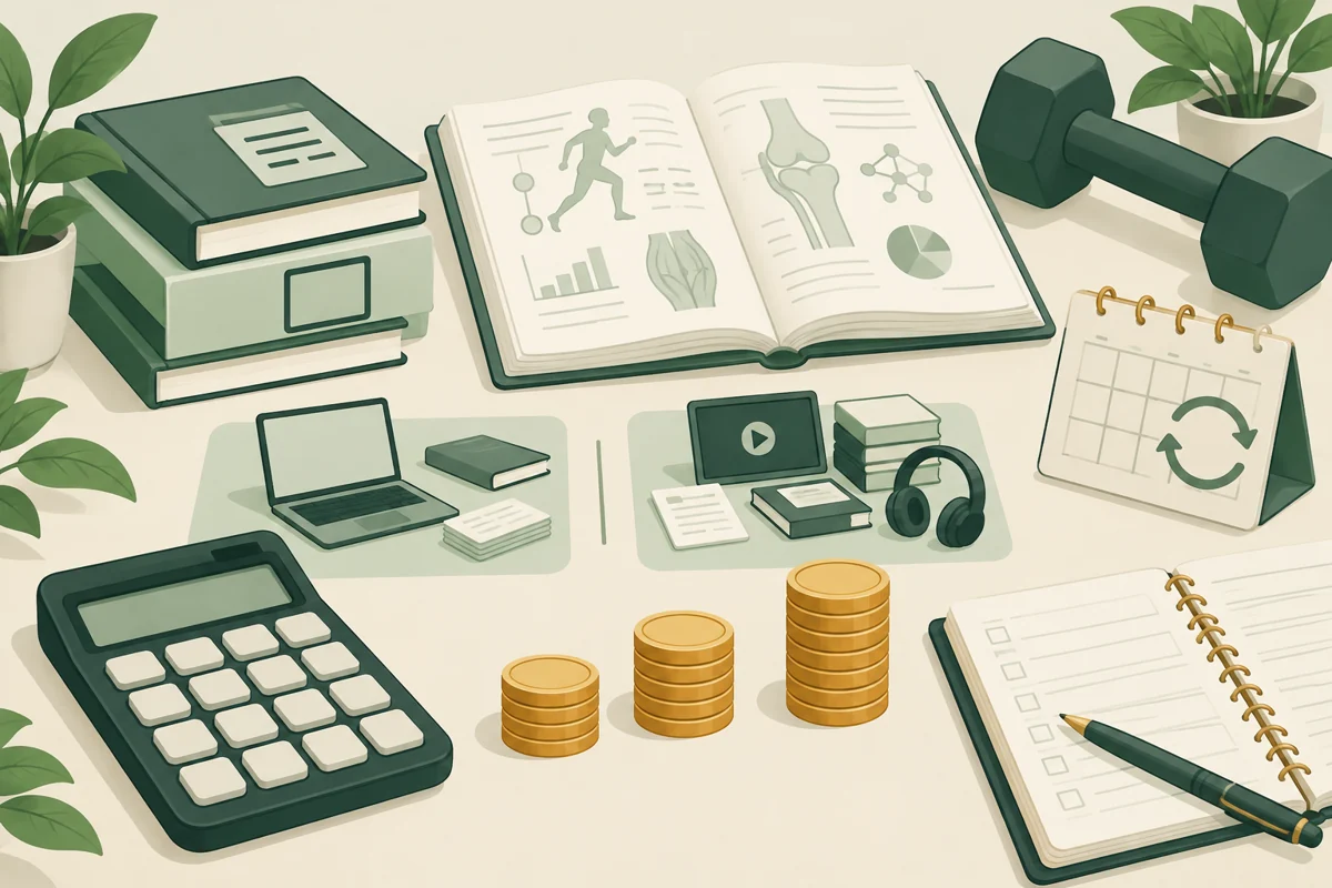 Personal trainer study budget illustrated with an exam checklist, book and calculator